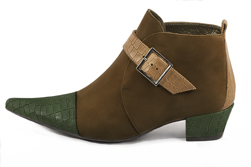 Women's forest green, chocolate brown and camel beige elegant ankle boots, with buckles at the front. Pointed toe. Low cone heels - Profile view